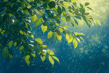 细雨中的树叶图片