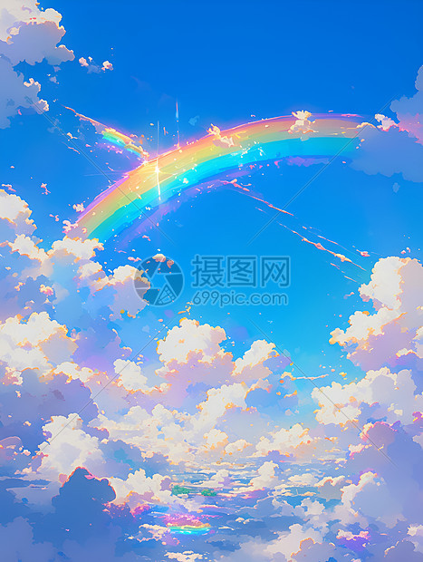 蓝天云海里的彩虹图片