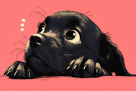 黑色小狗趴在粉色背景上图片