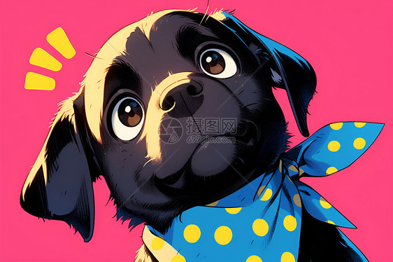 黑色小狗戴着蓝色斑点蝴蝶结图片