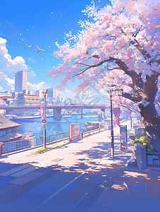 街头樱花盛开的春日背景图片