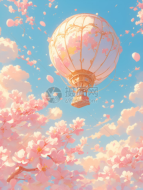 唯美的樱花和热气球图片