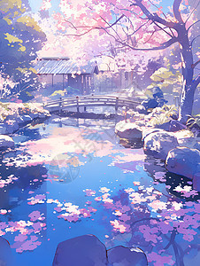 樱花盛开下静谧池塘图片