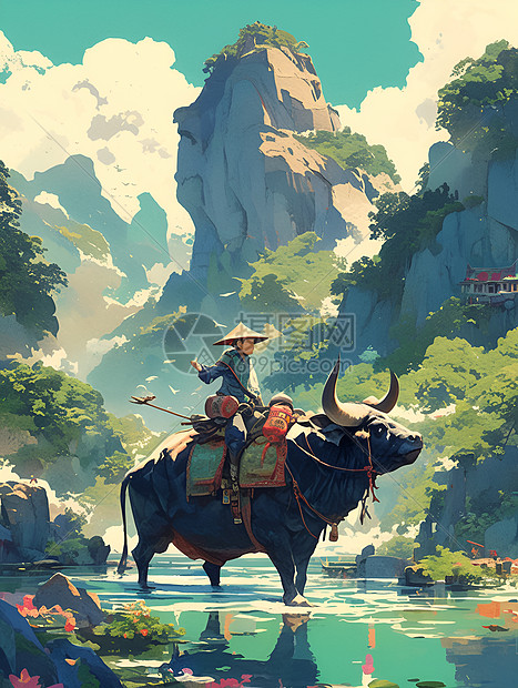少年与牛在山区的插画图片