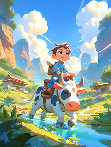 骑着牛的男孩图片