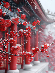 雪花飘飘下枝头红花绽放高清图片