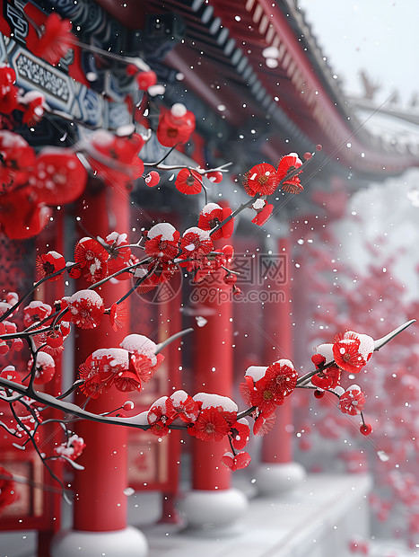 雪花飘飘下枝头红花绽放图片