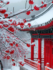 冬日宫墙俯瞰梅树图片