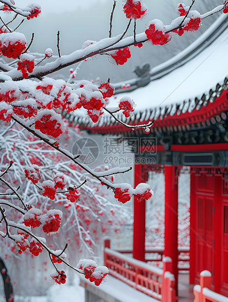 冬日宫墙俯瞰梅树图片