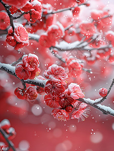 雪地自行车冬日红墙下的梅花背景