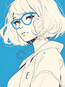 短发女孩戴着蓝框眼镜图片