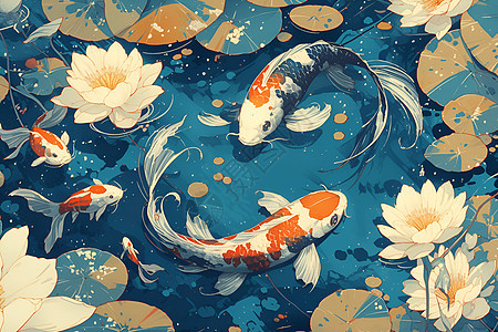 漂浮的莲花和游动的锦鲤图片