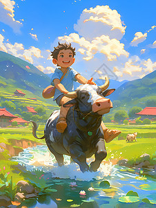骑牛穿越河流的男孩图片