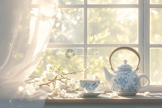 窗户边的茶具图片