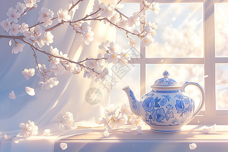 精致的蓝白瓷茶壶图片