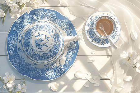 精美漂亮的青花瓷茶具背景图片
