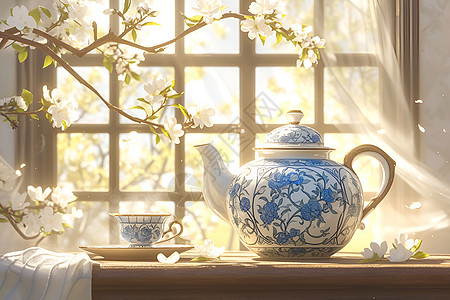 精美青花瓷茶具背景图片
