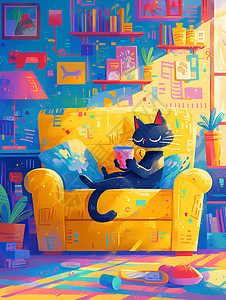 黄色沙发上的黑猫背景图片