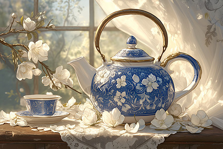 淡雅花朵旁的茶壶图片