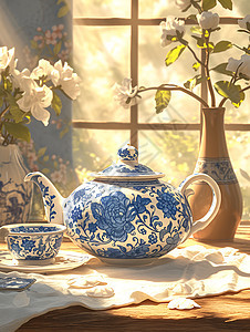 雅致精致青花瓷的茶壶和茶杯图片