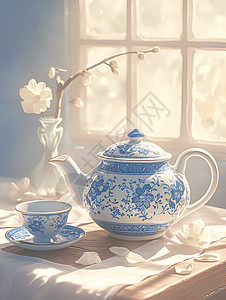 精致青花瓷的茶壶和茶杯图片