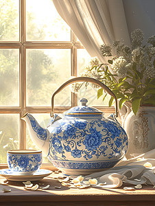 青花瓷的茶壶和茶杯图片
