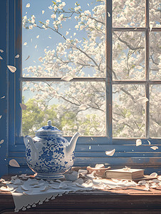窗边雅致的青花瓷茶壶图片