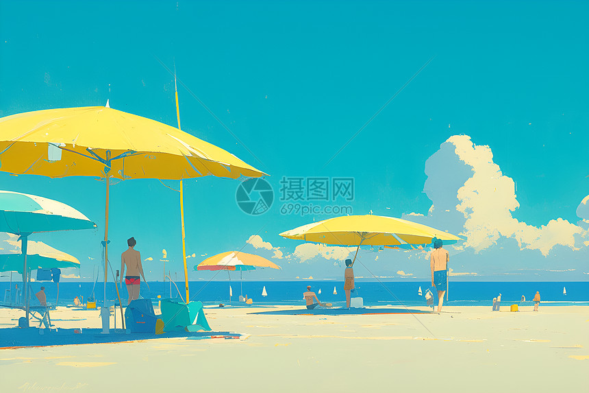 海滩遮阳伞下的游客图片