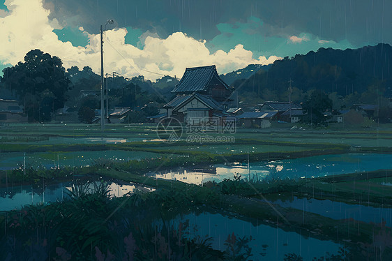 雨中宁静的村落图片