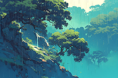 雨中的山谷瀑布背景图片