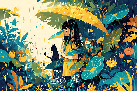 春雨中的少女与猫图片