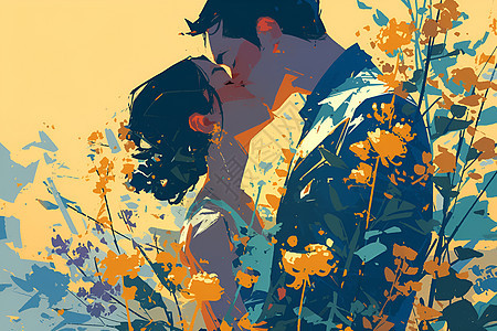 恋人在花丛里亲吻图片