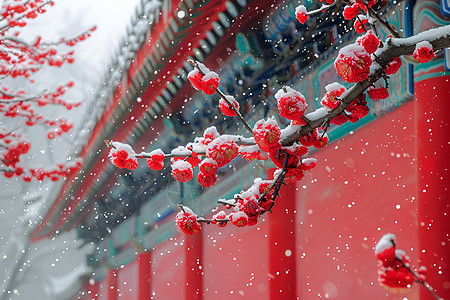 雪景建筑雪中红墙梅花背景