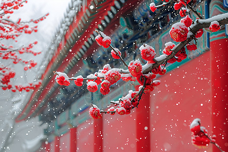 白雪黑珍珠雪中红墙梅花背景