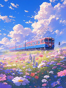 美丽花田中穿行的火车旅程图片