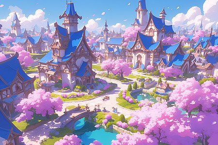 粉色樱花下的童话村庄图片