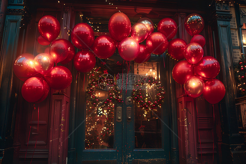 红色气球的在门前图片