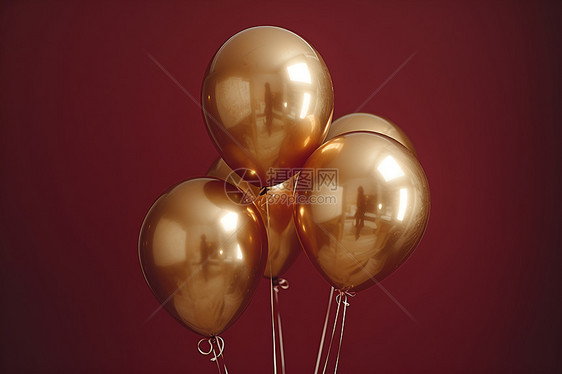 四个金色充气气球在朱红背景下图片