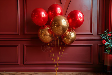 金色的充气气球在深红色的背景下图片