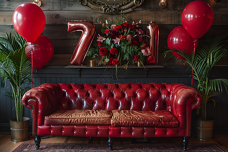 酒红气球与红沙发背景
