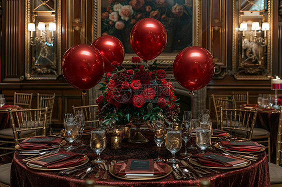 红色的气球在餐桌上图片