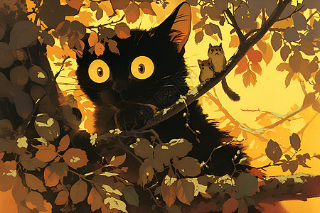 黑猫趴在树上图片