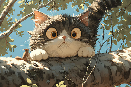 树枝上惊讶的猫咪图片