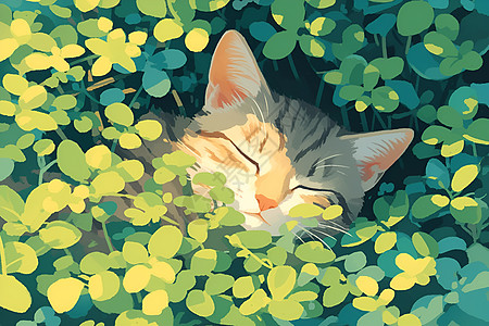 绿叶中睡觉的猫咪图片