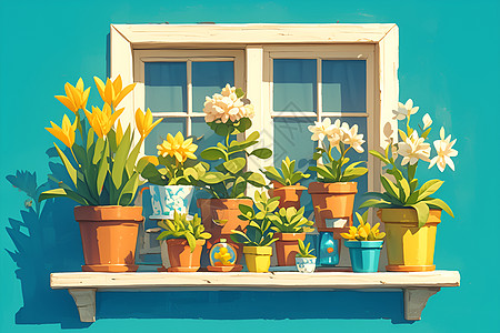 窗台上的各种植物图片