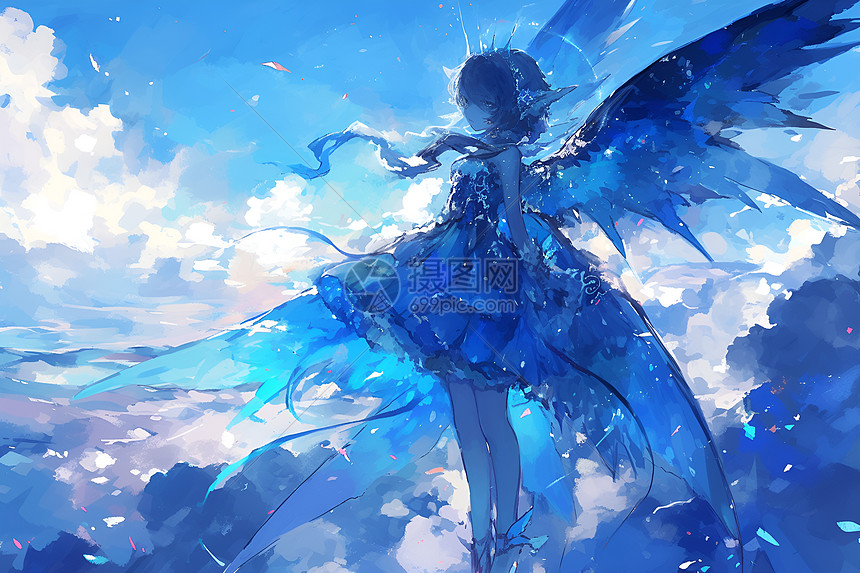 蓝色仙女在白云间翱翔图片