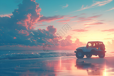 日落时分沙滩上的吉普车图片