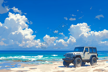 沙滩潮退后停放的吉普车高清图片