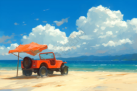 海滩上停着一辆红色吉普车图片