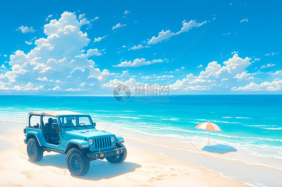 海滩上停着一辆蓝色吉普车图片